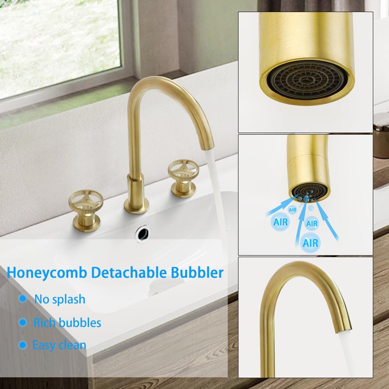SKOWLL Brushed Gold Widespread Bathroom Faucet, Double Handle Bathroom Sink Faucet, Modern Vanity Faucets for 3 Hole, High Arc 360Â° Spout - Image 5